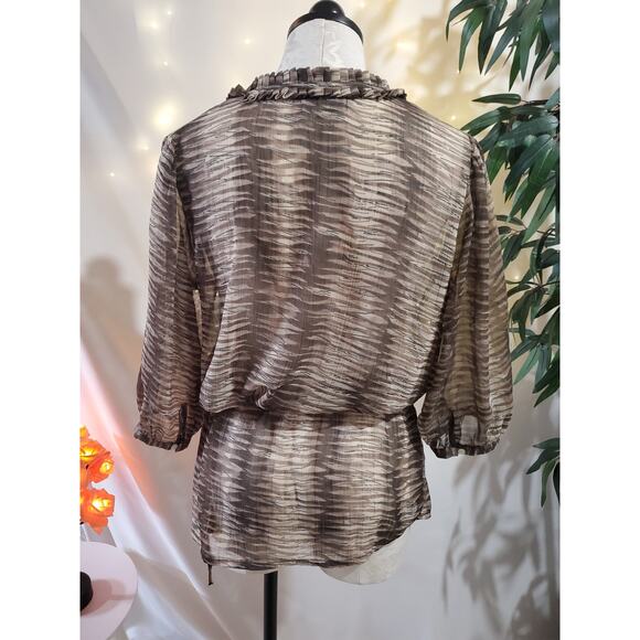 World Market Sheer Neutral Print Tie Waist Peplum Blouse Top Womens Size S/M - Picture 3 of 7